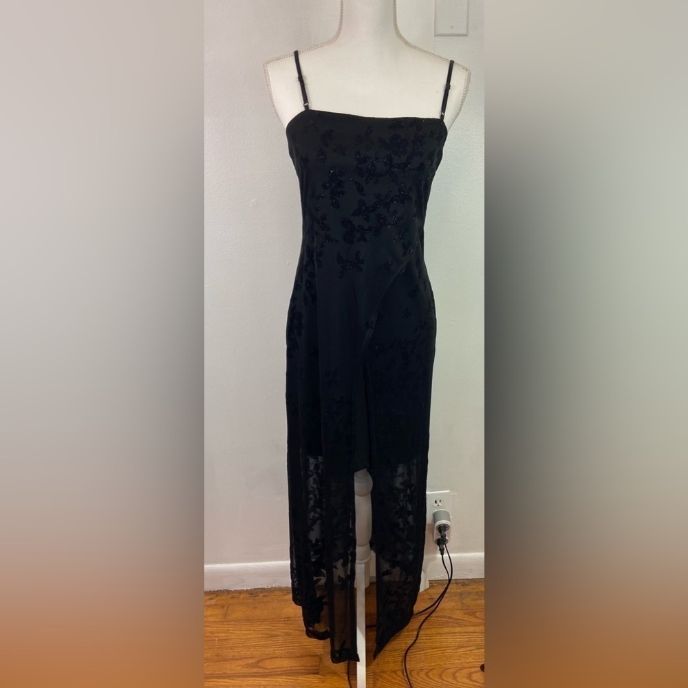 Vintage Slip Dress Mesh Overlay Sparkly Y2K Whimsigoth Long Strappy M 8Tall Vamp - Picture 1 of 15